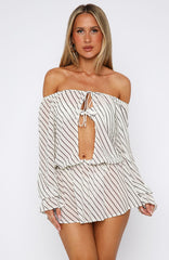 Back To Shore Long Sleeve Mini Dress Cream/Choc Stripe