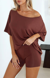 Slow Life Off Shoulder Oversized Pyjama Tee Chocolate