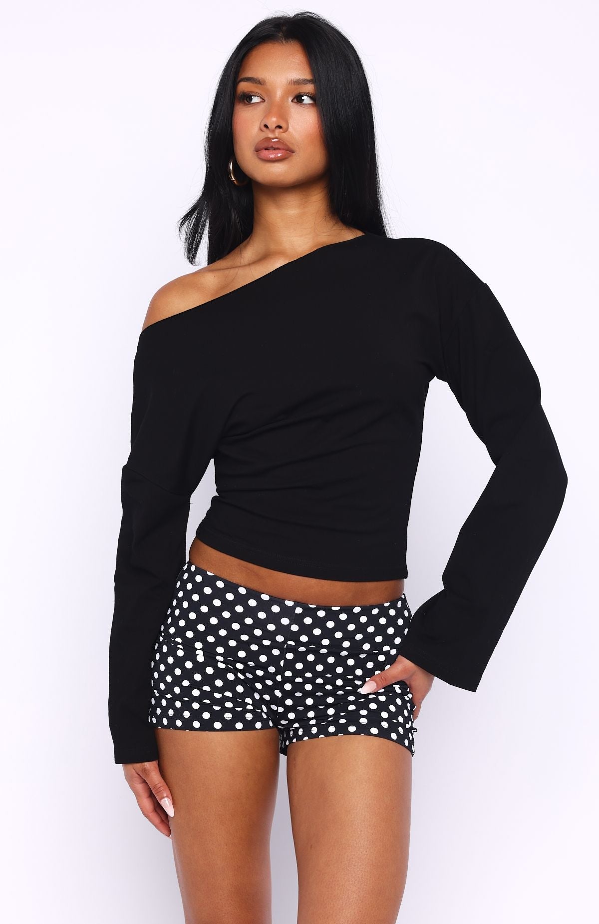 Falling For Him Off Shoulder Long Sleeve Top Black
