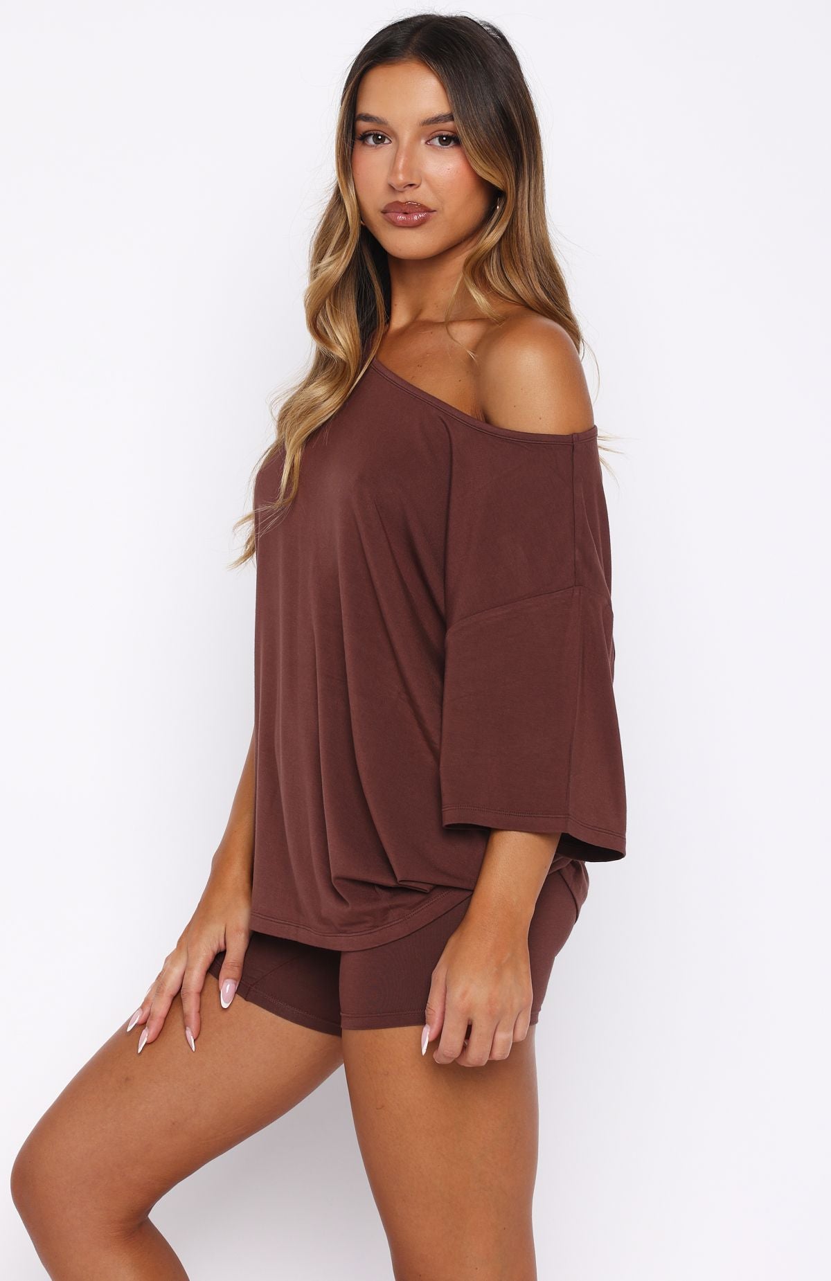 Slow Life Off Shoulder Oversized Pyjama Tee Chocolate