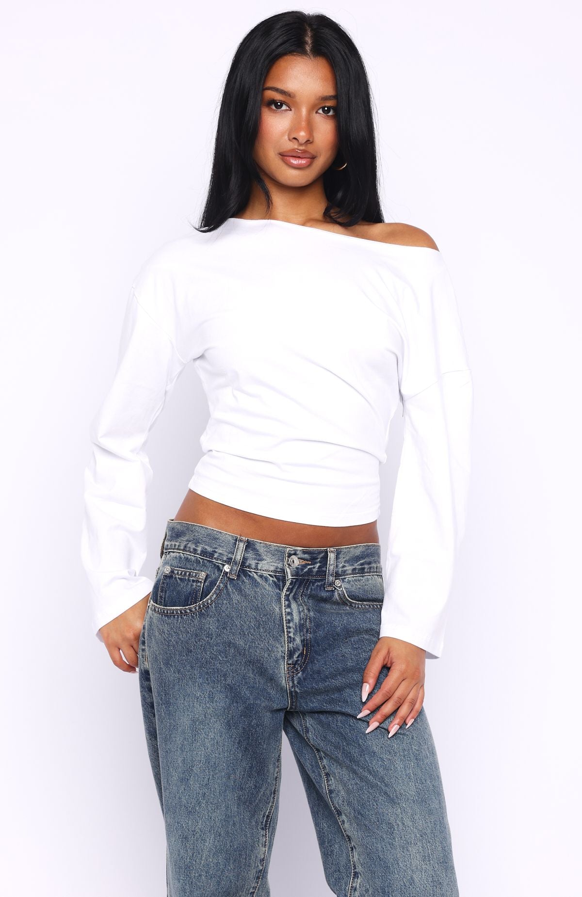 Falling For Him Off Shoulder Long Sleeve Top White